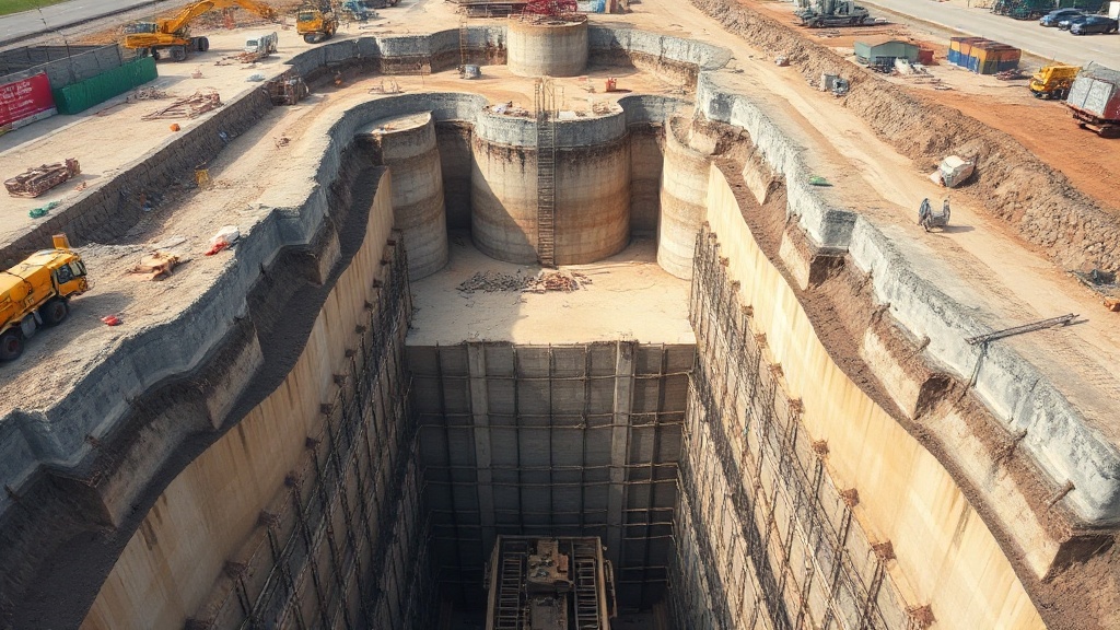 Shoring contractor crew working on deep excavation with tieback anchors