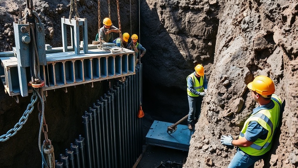 Shoring contractor installing soldier pile and lagging system at deep urban excavation site